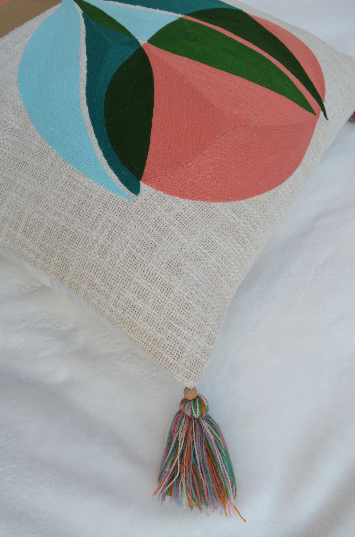 Sunset Leaf Embroidered Tufted beige cushion cover